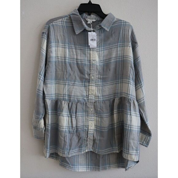 American Eagle 035-1354-3196-020 Womens Sz S Blue Flannel Peplum Button-Up Shirt - Picture 1 of 8